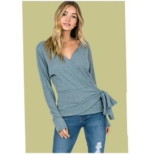 Knit wrap v-neck top with tie detail